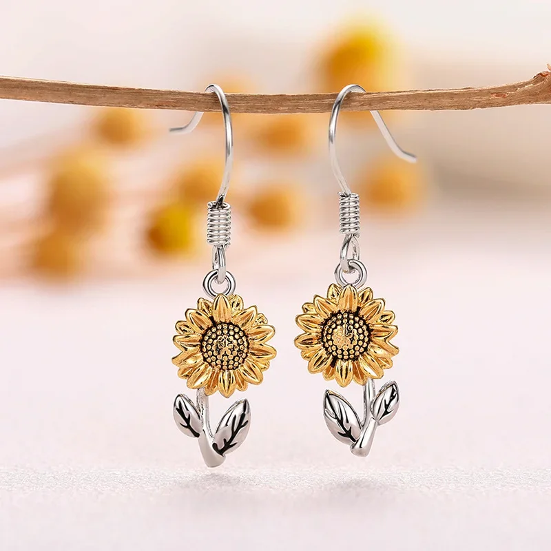 2024 New Design Sunflower Earrings Long Double Color Flower Daisy Countryside Fresh Fashion Daily Accessories Wholesale