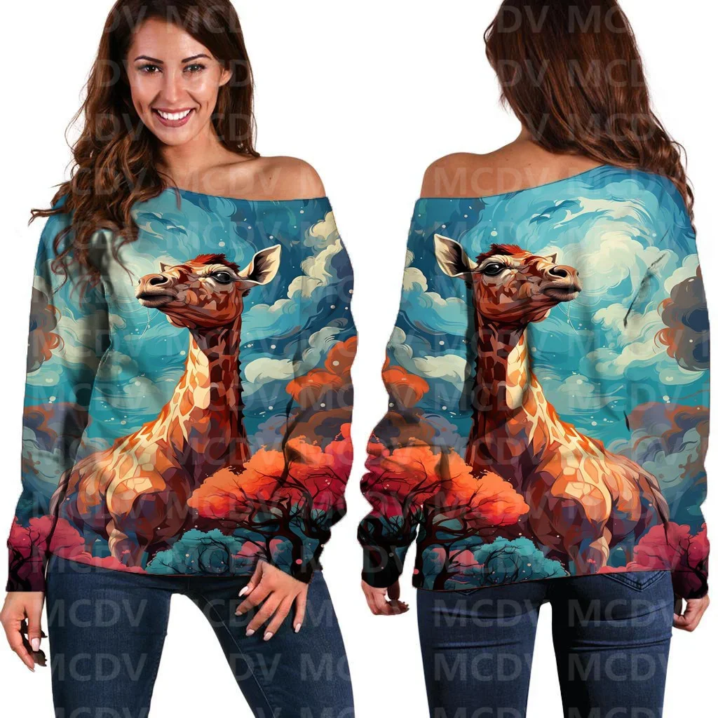 

Women's Off Shoulder Sweater Giraffe/Unicorn/Alpaca 3D Printed Women Casual Long Sleeve Sweater Pullover