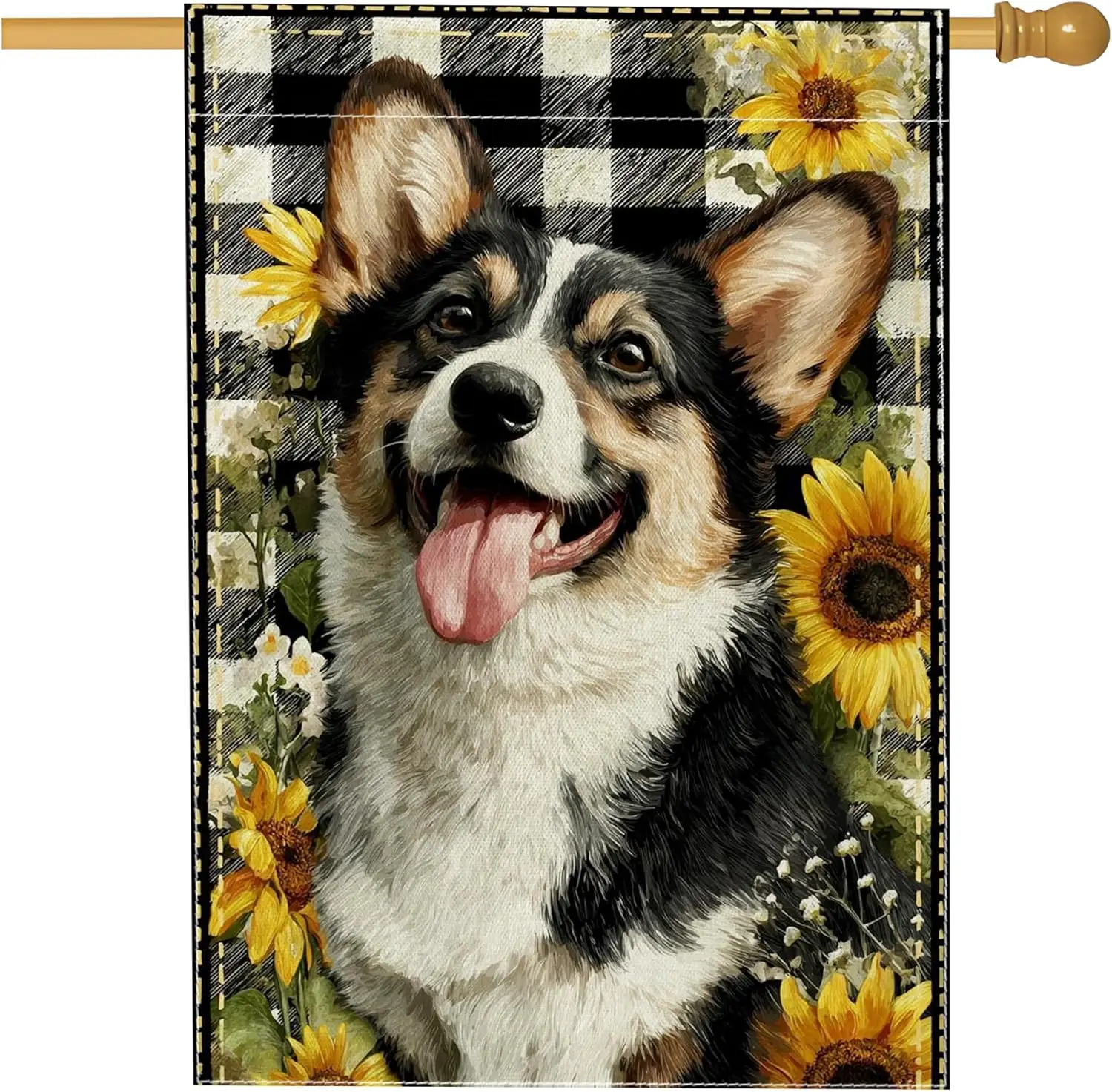 Corgi Dog Garden Flag, Black White Plaid Sunflower Home Decor Yard Banner, Double Sided Spring Summer Outdoor Lawn Decoratio UUX