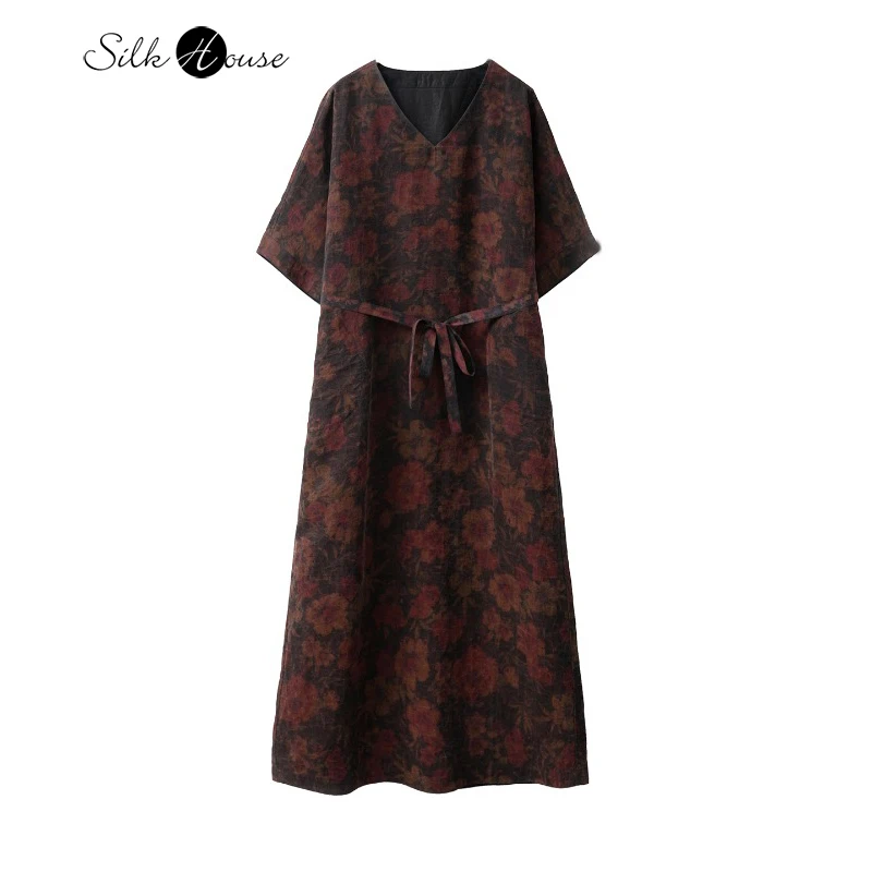 

Fashion Women's Clothing 100%Natural Mulberry Silk Fragrant Cloud Yarn Lazy Style Minimalist Loose V-neck Mid Sleeve Print Dress