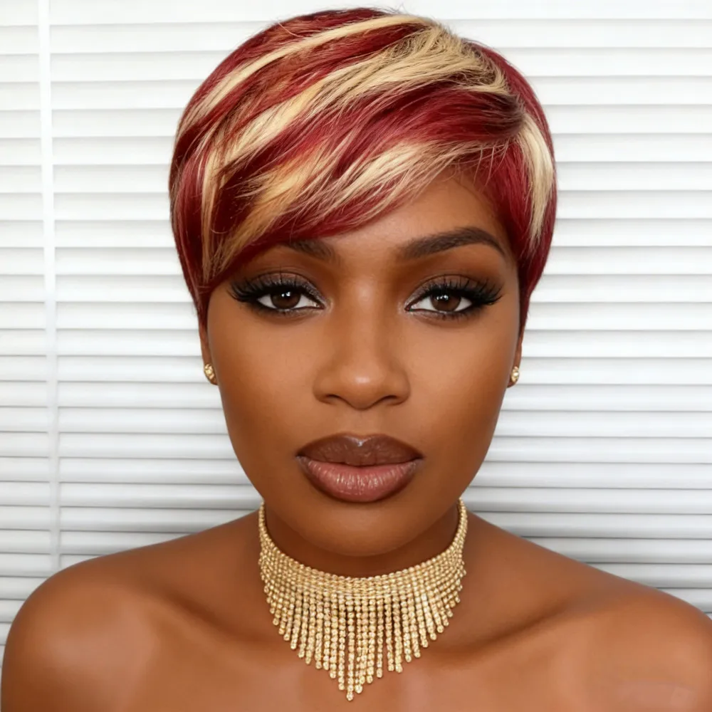 

Короткие прямые парики с стрижкой пикси, плотность 150%, 6 дюймов, парик пикси, красный блондин, оранжевый цвет, машинное производство, парики из человеческих волос для женщин