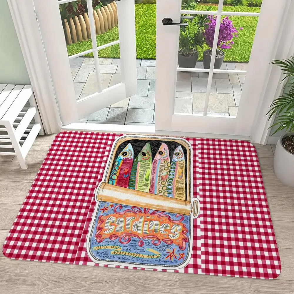 Bright Sardine Can On Pink Stripes Floor Mat Flannel Rug Soft Non Slip Washable Door Mat For Bathroom Bedroom Kitchen Home Decor