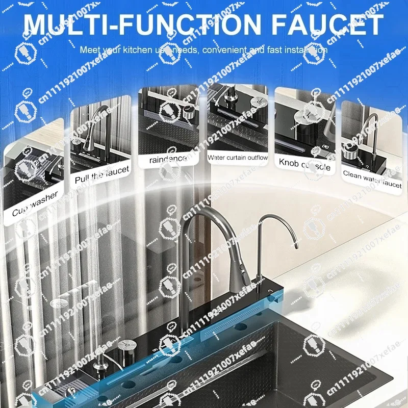 Modern stainless steel multi-function LED digital display 2025 version 4-key piano type smart kitchen sink with waterfall