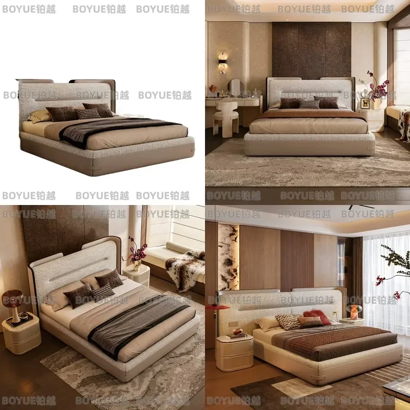 Italian Modern Luxury Upholstered Bed Large Platform Soft Fabric Headboard Minimalist Bedroom Furniture Premium Wide Design