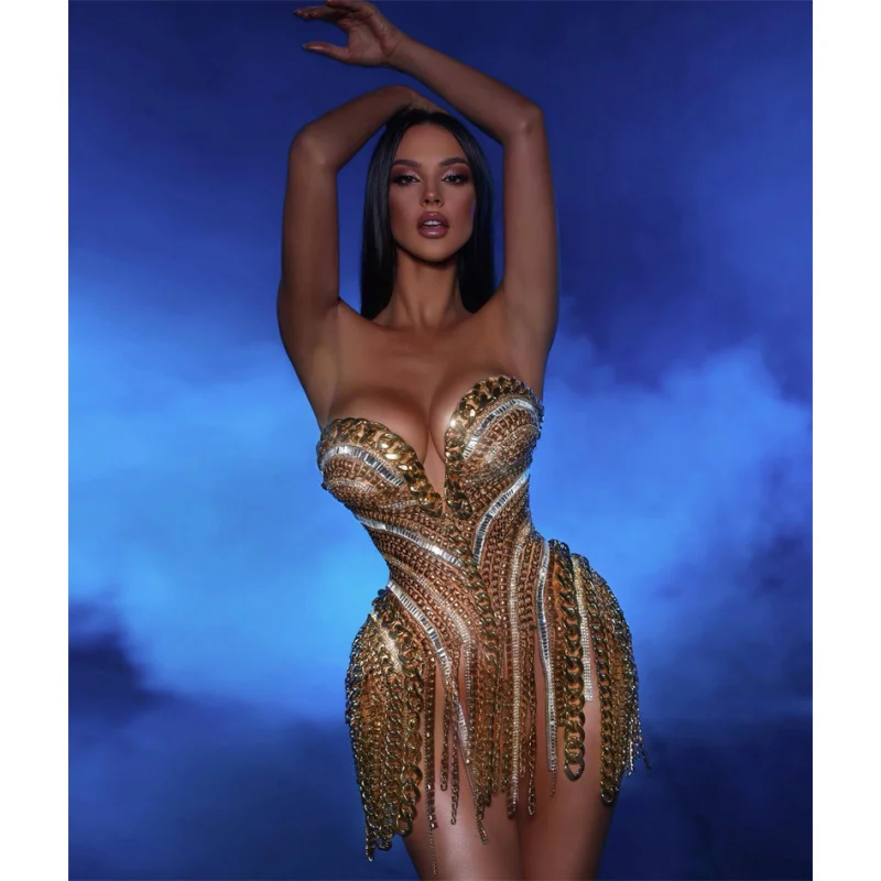 

Новое поступление, сексуальное короткое платье без бретелек с металлической цепочкой и стразами, модное футуристическое вечерние наряды богини, сценический наряд