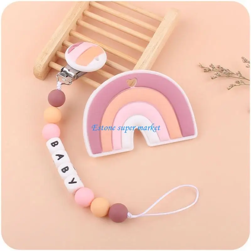 

090B 2 Pcs Baby Pacifier Chain Clip Rainbow Teether Set Newborn Nipple Dummy Clip Holder Silicone Teething Soother Molar