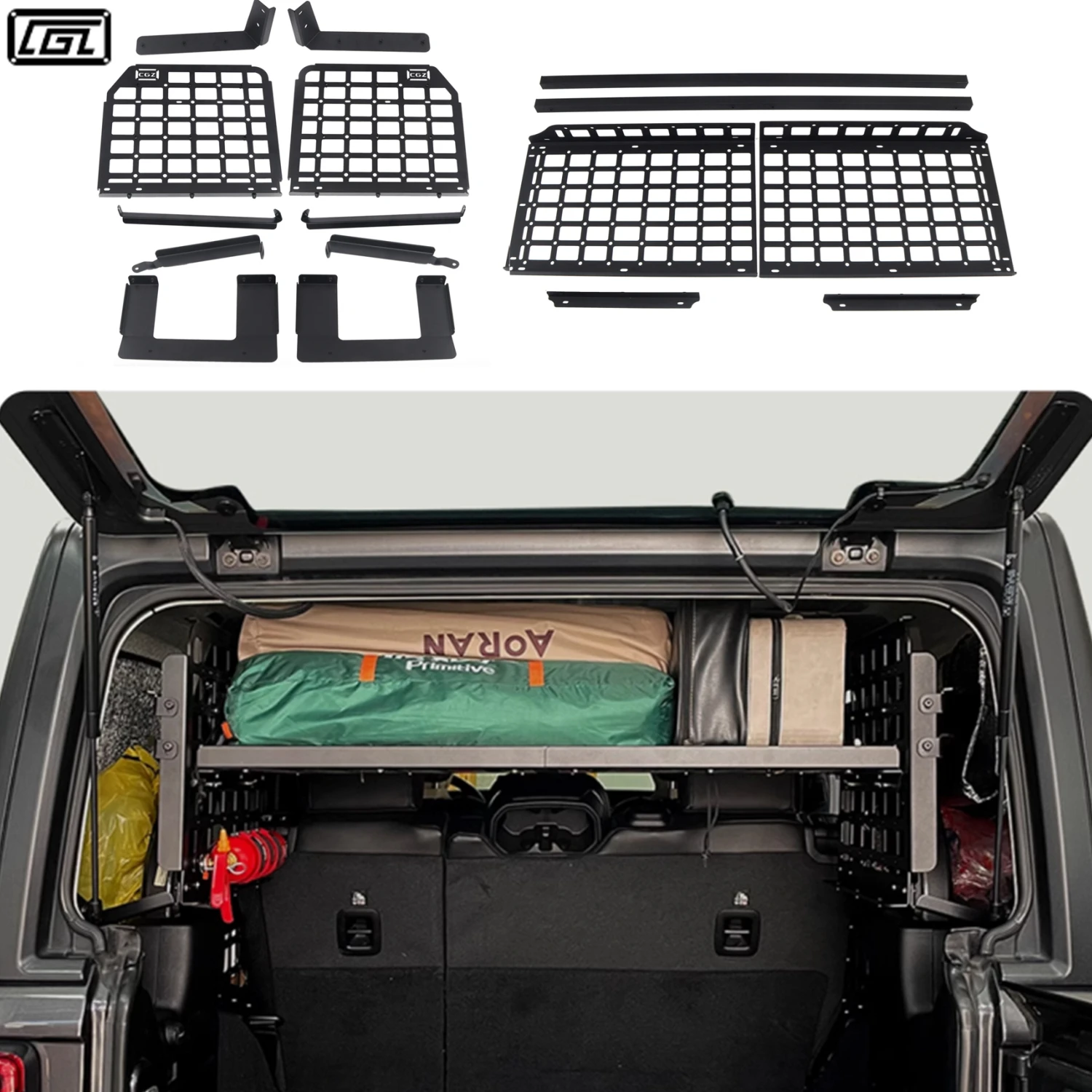 Panel Molle CGZ pasujący do Jeep Wrangler JL 4-drzwiowy Hardtop 2018 2019 2020 2021 2022 2023 Półka na bagażnik tylny, organizer do przechowywania, relingi bagażowe