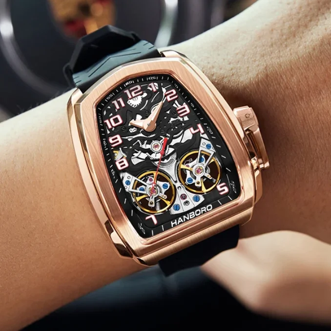 هانبورو ساعة أوتوماتيكية للرجال 44 مللي متر ساعة يد ميكانيكية مضيئة 50 متر مقاومة للماء هيكل عظمي مزدوج دولاب الموازنة