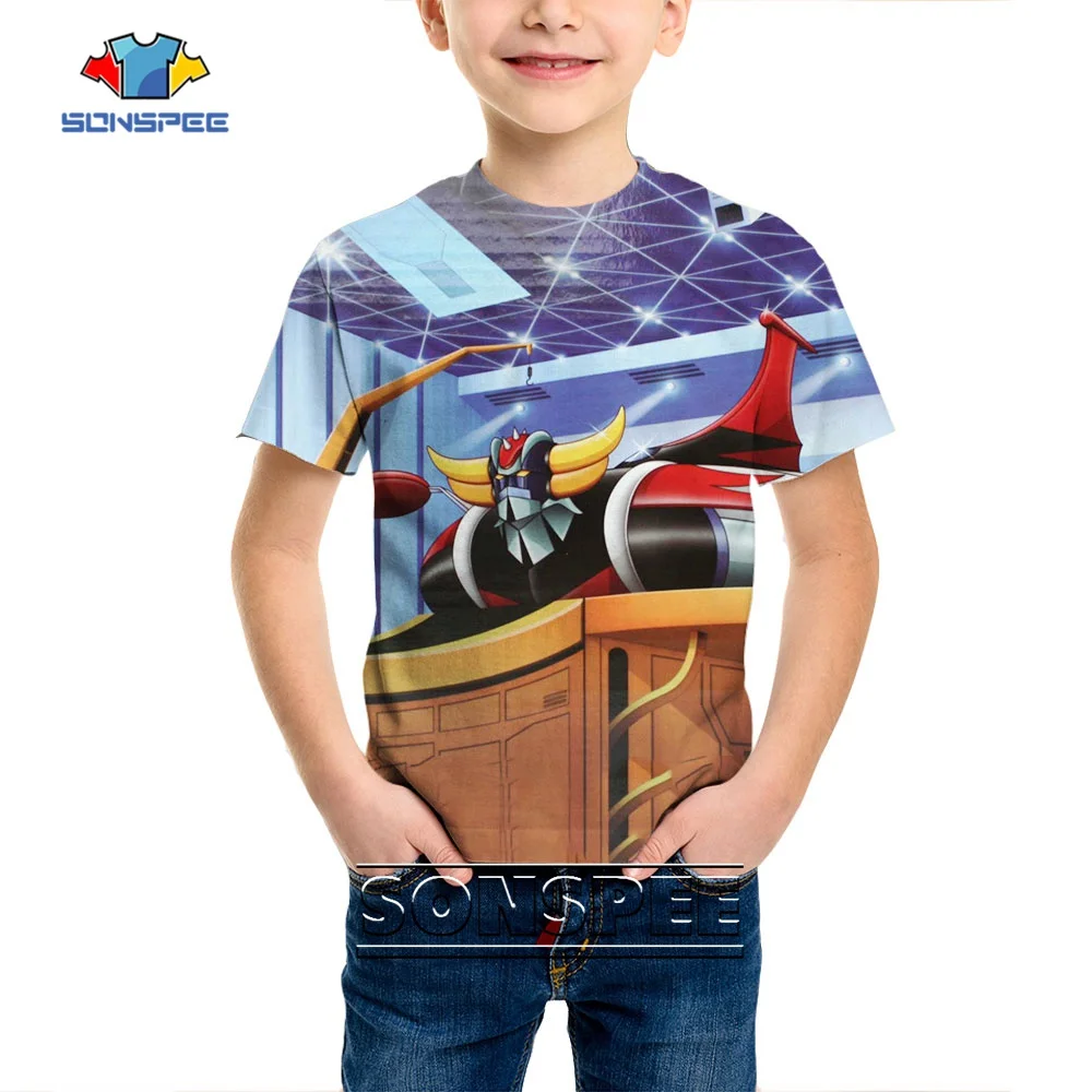 SONSPEE Summer New Vintage Anime Grendizer 3D Print Child T-shirt O-neck Hip Hop Goldorak Kids Tops Punk Robot Shirts Pullover