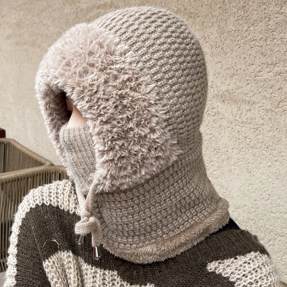 Simple Multi functional Balaclavas Hat With Ties Plush Knitted Beanies Hat Windproof Hood Mask Neck Cover Set Ski