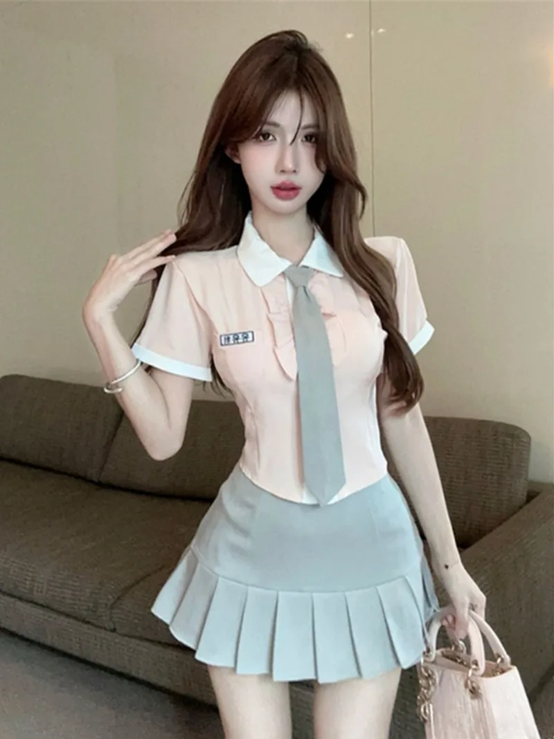 

Korean Sweet Polo Collar Top Pleated Skirt Two-piece Set Women Contrast Color Ruffle Edge Splice Summer Spicy Girl College Wear