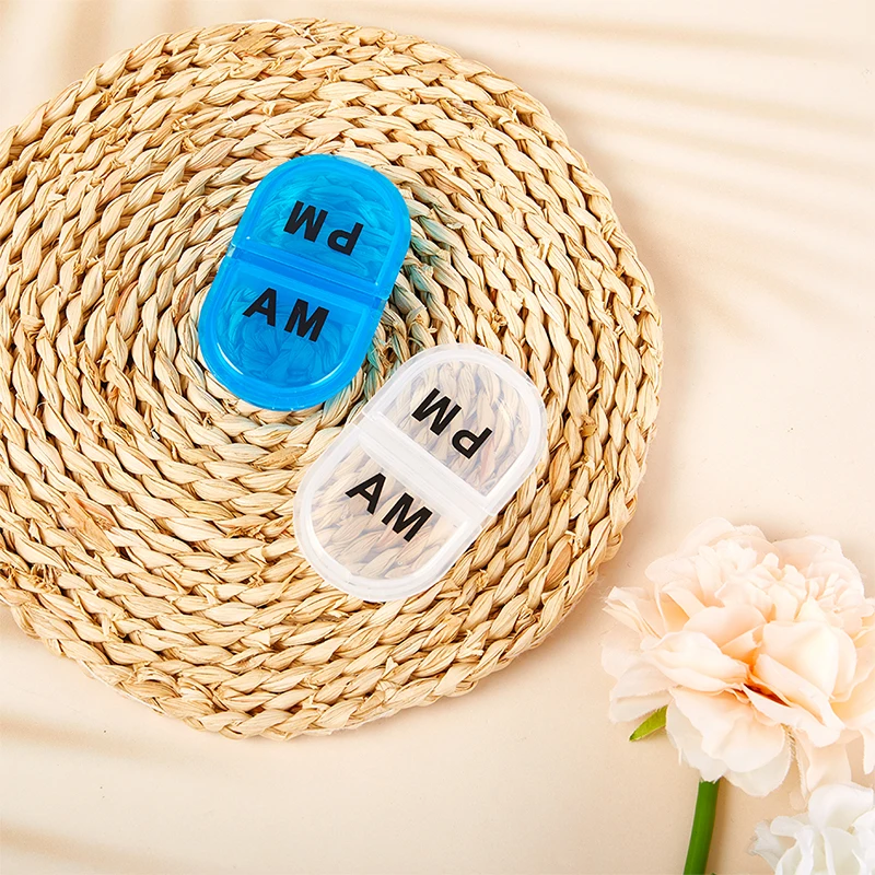 2 Grids Waterproof Pill Organizer Portable Oval Pill Box Pill Container Daily AM&PM Containers