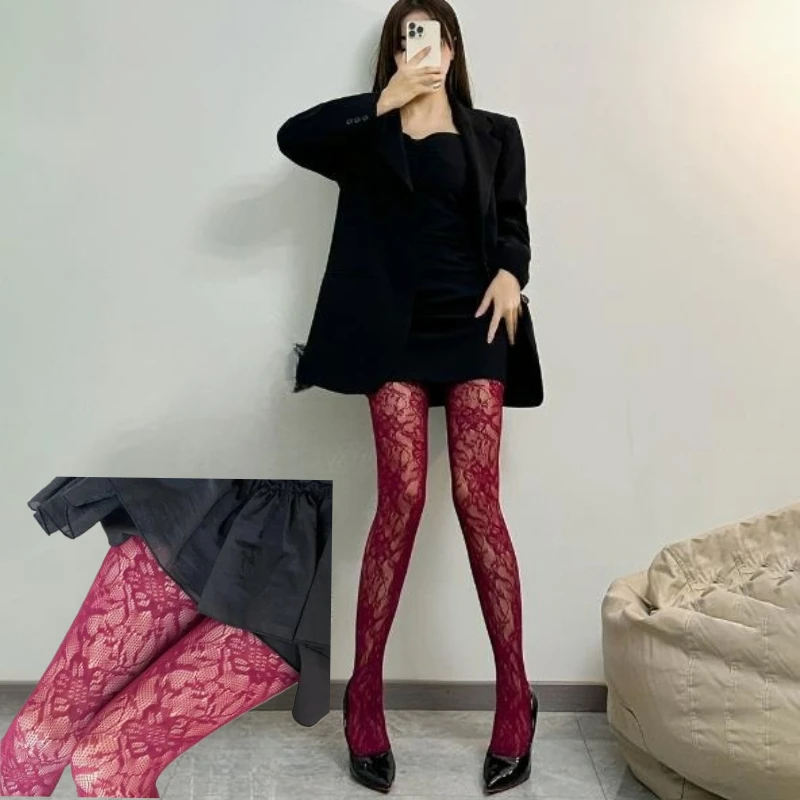 Lolita Sweet Girls Punk Style Floral Tights Colorful Thigh High Stockings Lingerie Women Sexy Hollow Out Mesh Fishnet Pantyhose