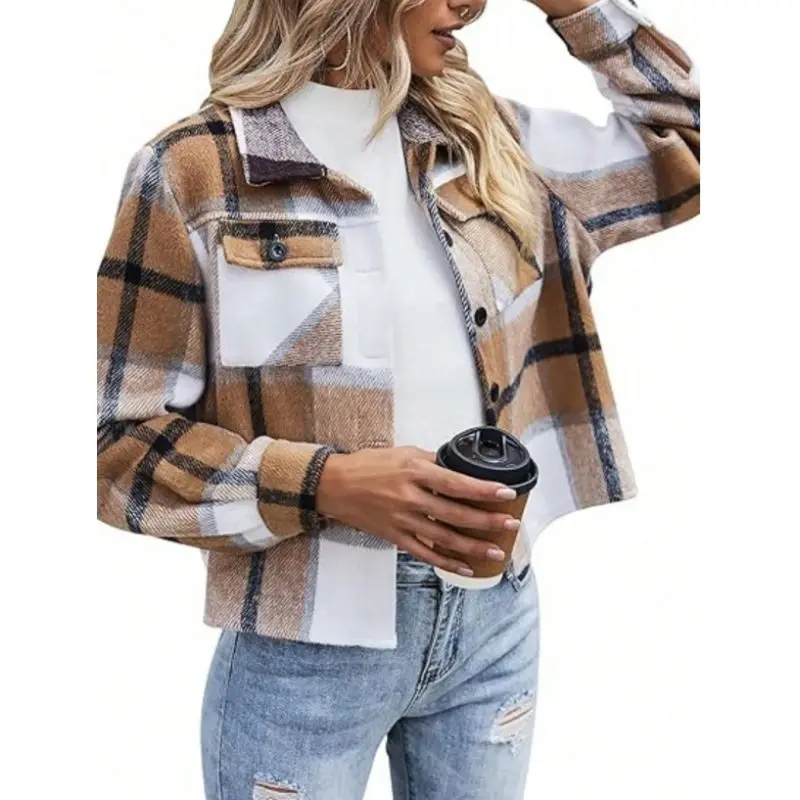 

Spring 2025 Plaid Woolen Jaet Long Sve Women's irt Outerwear Commute Sle Straight Cut Regular Thin ort Length