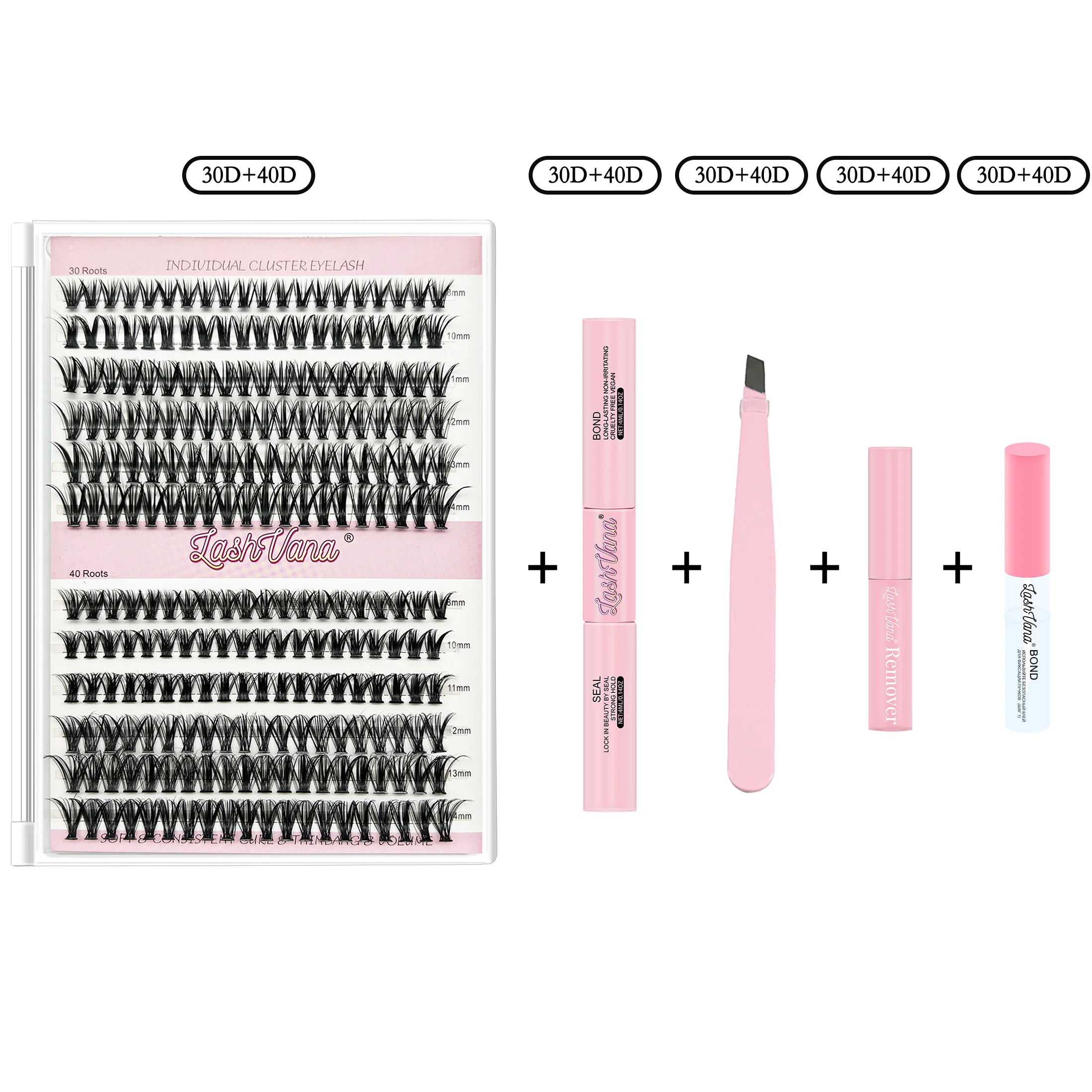 مجموعة رموش صناعية 6 في 1 مكونة من 240 مجموعات رموش سميكة مع ملقط مزيل الصمغ وفرشاة أدوات تمديد الرموش ذاتية الصنع للحفلات التنكرية