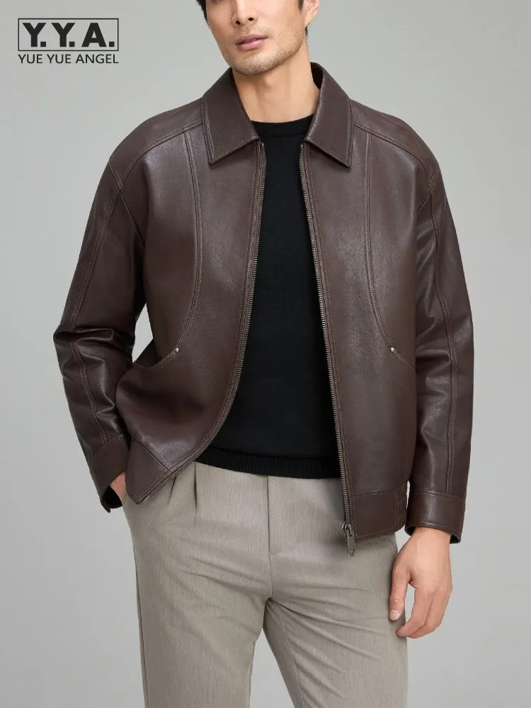 

Модная мужская офисная уличная овчина из натуральной кожи на молнии с длинными рукавами куртка пальто с отложным воротником свободная мужская повседневная дизайнерская куртка