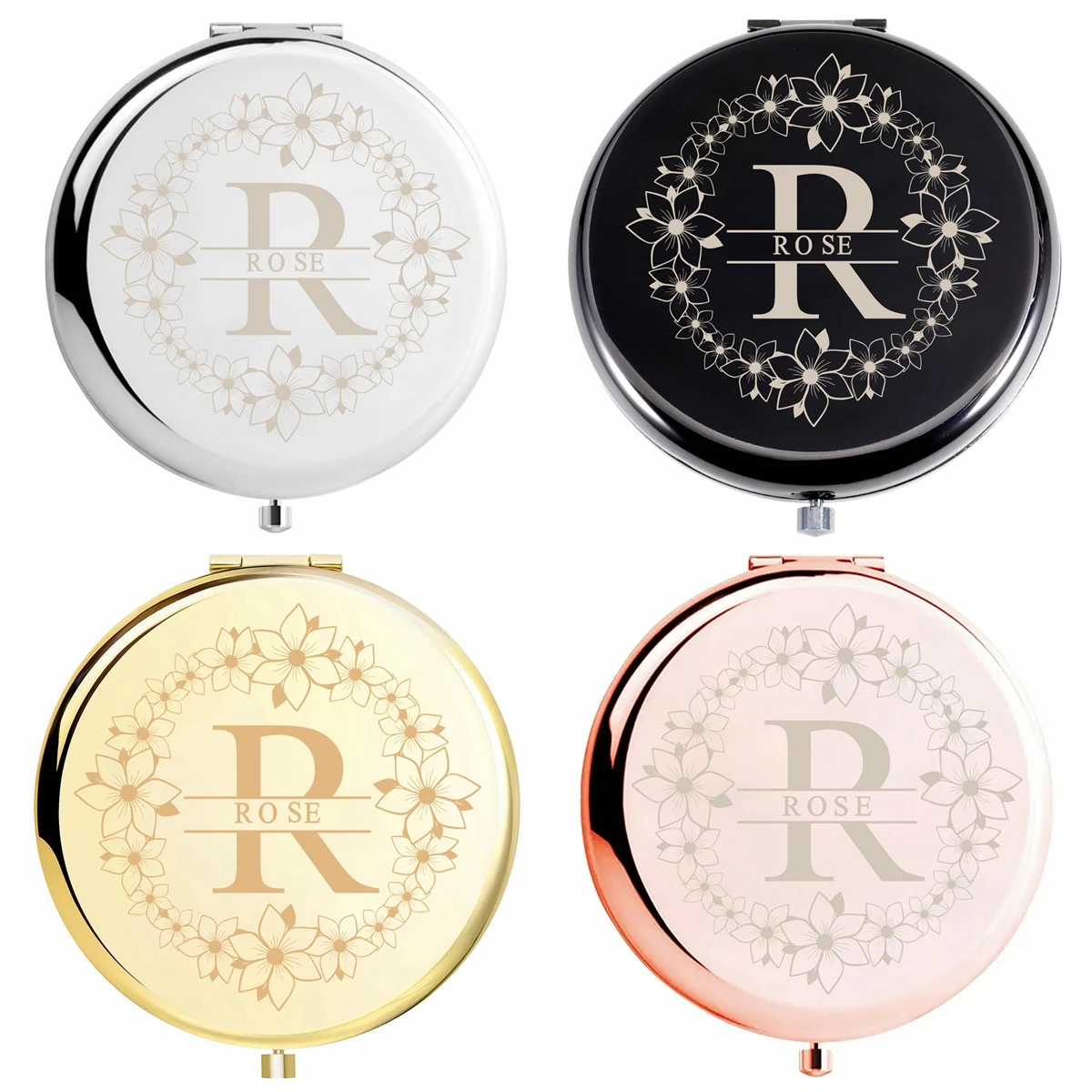 Personalized floral wreath initial portable mirror, custom engraved with initials and name, foldable double-sided mirror