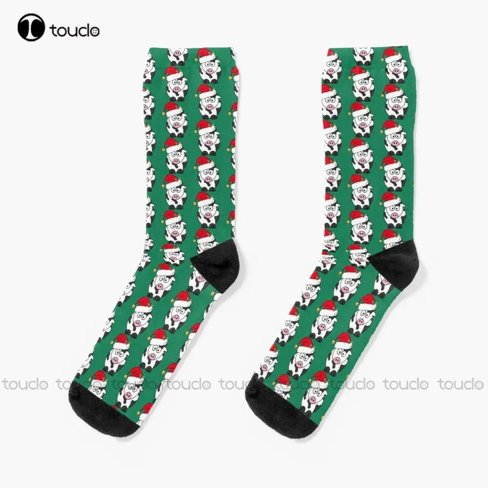 Cute Christmas Cow In Santa Hat Socks Mens Cotton Socks Personalized Custom Unisex Adult Teen Youth Socks 360° Digital Print