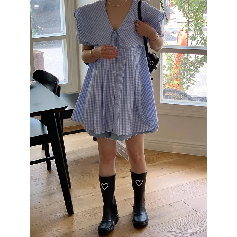 

Vintage Plaid Shirts Women Harajuku Kawaii Peter Pan Collar Blouses Summer Korean Short Sleeve Single Breasted Casual Tops New