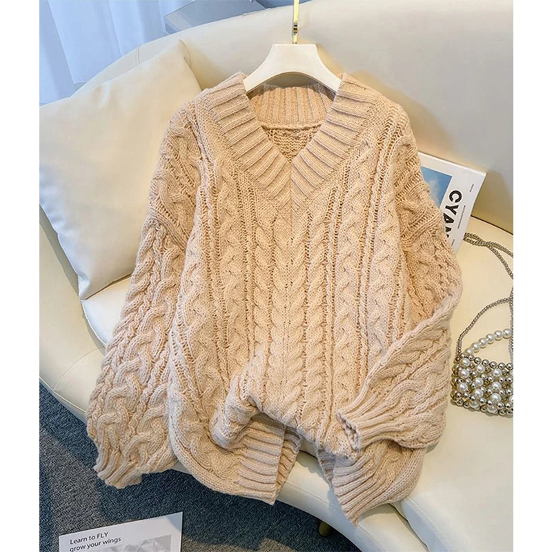 

Harajuku Sweater Women Fashion Oversized Pink V Neck Knitted Pullovers Sweater Korean Long Sleeve Knitwear Winter Casual Jumpers