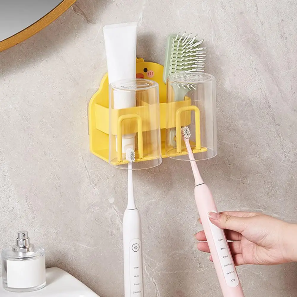 Yellow Duck Toothbrush Holder Bathroom Toothbrush Organizer Duck Shape Cartoon Toothbrush Holder Wall Mounted for Hotel