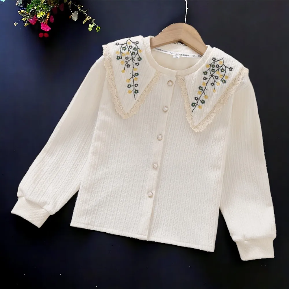 Kids Embroidery Shirts for Girls Blouses Outfits School Uniform Long Sleeve Tops Teenagers Children Costumes 5 7 8 9 10 12 Years