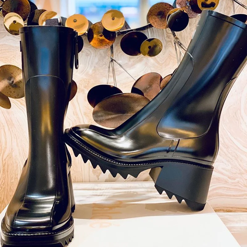 

New Ankle Boots Women High Heels Women Chelsea Boots Square Toe Platform Shoes Women Winter Rain Boots Side Zipper Botines Mujer