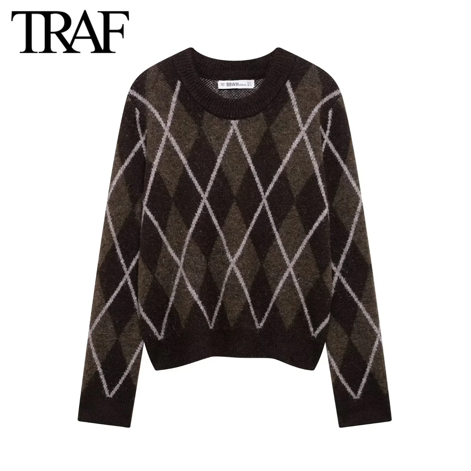 TRAF Knitted Sweater for Women Fashion Autumn Winter New Diamond Pattern O-neck Pullover Chic Female Knit Sweaters Mujer