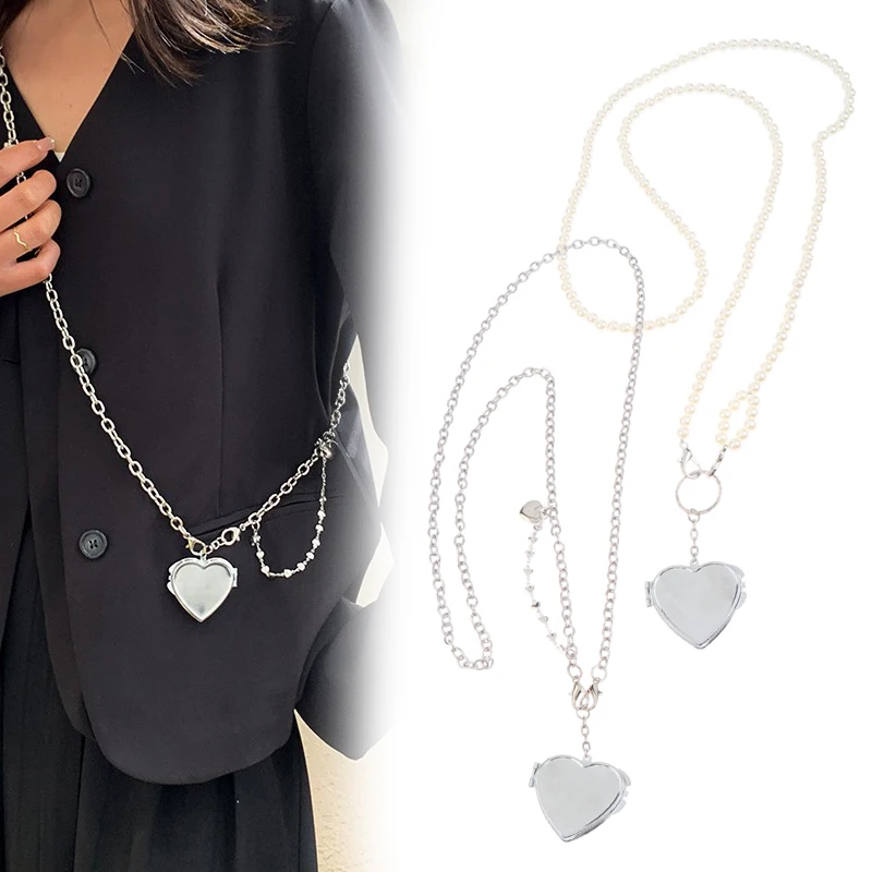 Ins Pearl Crossbody Shoulder Bag Chain Long Necklace W/Heart Mirror Pendant Pearl Shoudler Chain Personality Collares Jewelry