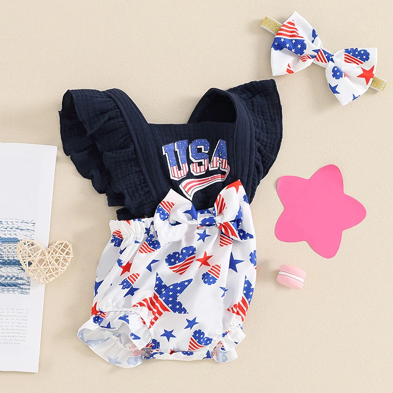 

Independence Day Toddler Girls Rompers American Flag Print Ruffle Sleeve Baby Bodysuits Patriotic Jumpsuits with Bow Headband