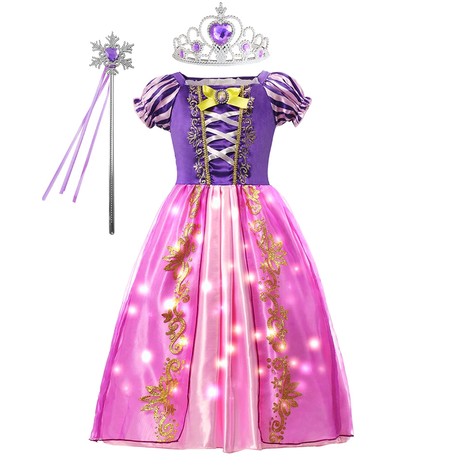 Princesa congelada Elsa e Anna para meninas da Disney LED Light Up Dress, roupas de festa para crianças, Belle Rapunzel luminoso Halloween Prom Gown