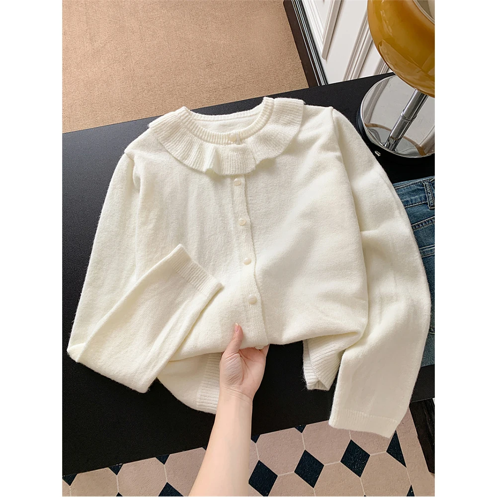 

Женский белый свитер с воротником Питера Пэна, кардиган 90-х годов, винтажный 2000-х годов Y2k, консервативный трикотаж, кашемировый свитер с длинными рукавами, осень