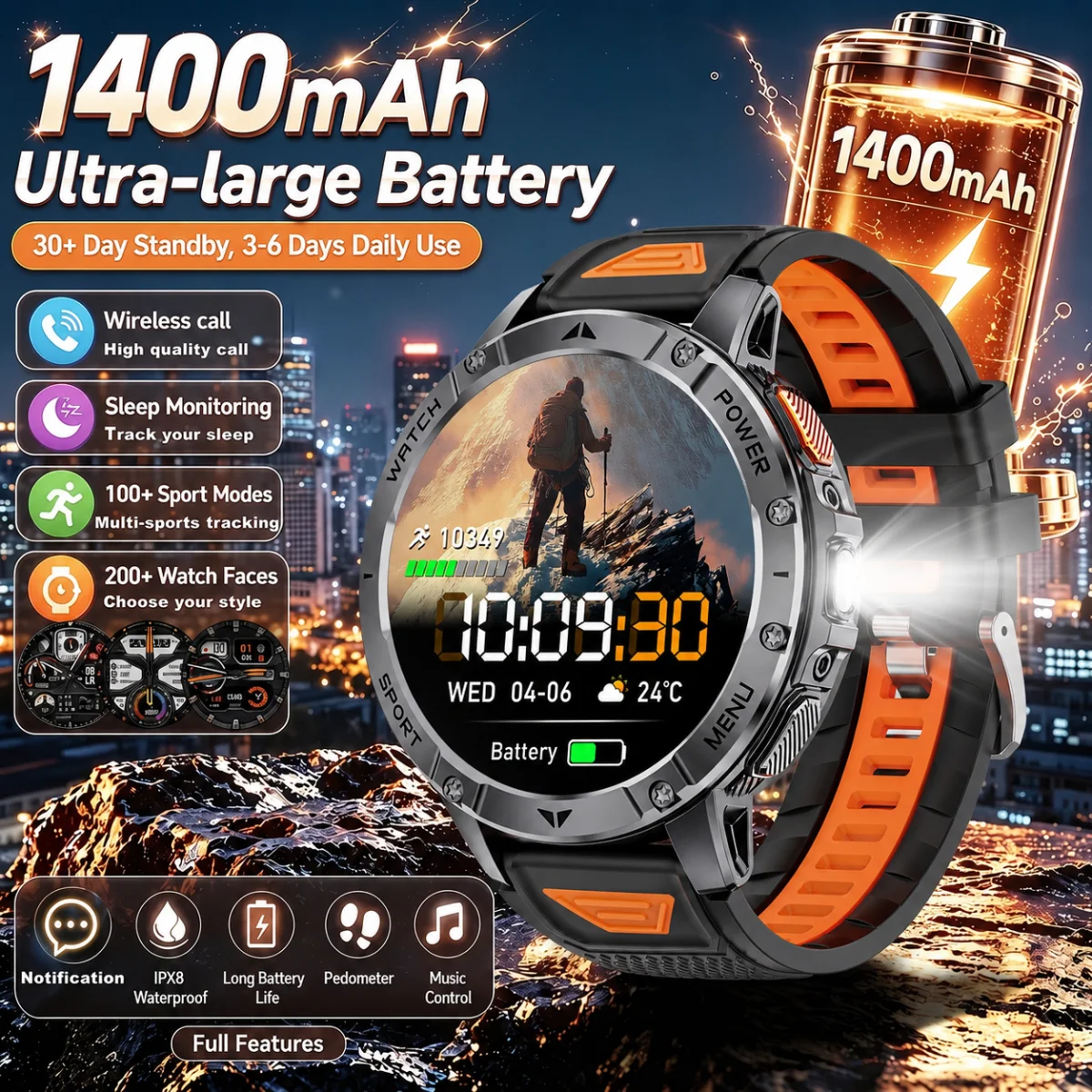 Smartwatch robusto da esterno per uomo, display HD da 1,7 pollici, batteria grande da 1400 mAh, Bluetooth 5.2, risposta alle chiamate, monitoraggio della frequenza cardiaca e dell'ossigeno nel sangue,
