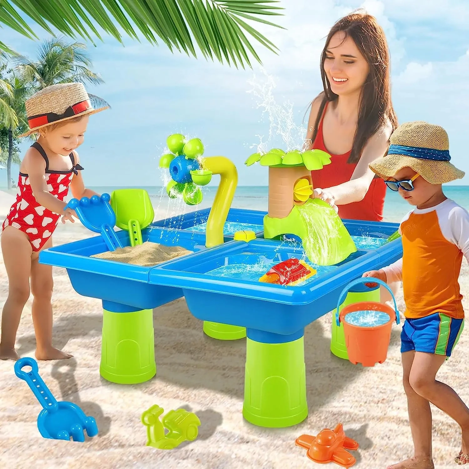 Water Table for Toddlers 4 in 1 Kids Portable Water Play Table Beach Toys 24PCS Sensory Activity Splash Table Toys for Children