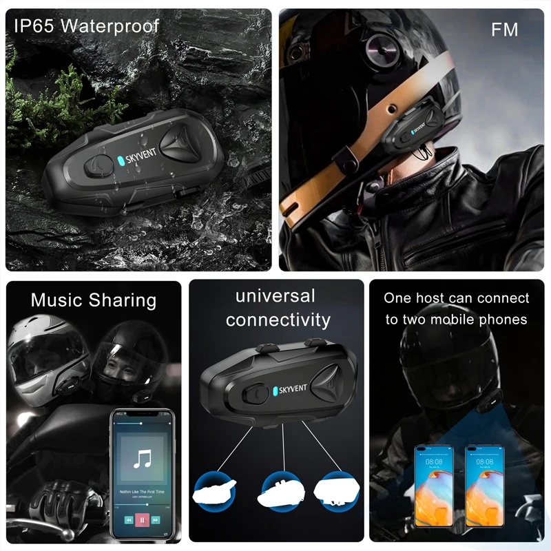 1/2Pcs SKYVENT Q4 Motorcycle Helmet Headset Bluetooth5.1 Interphone Music Sharing For 4-6 Riders 1500M Talking FM Radio IP65