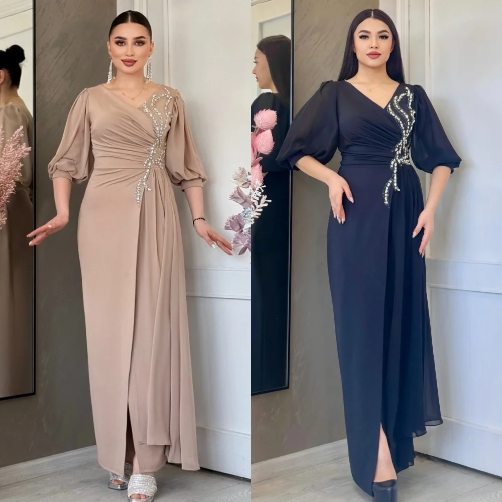 

Customized High Quality Classic Chiffon Rhinestone Pleat Straight V-neck Ankle Length Dresses Bespoke Occasion Dresses Fashion