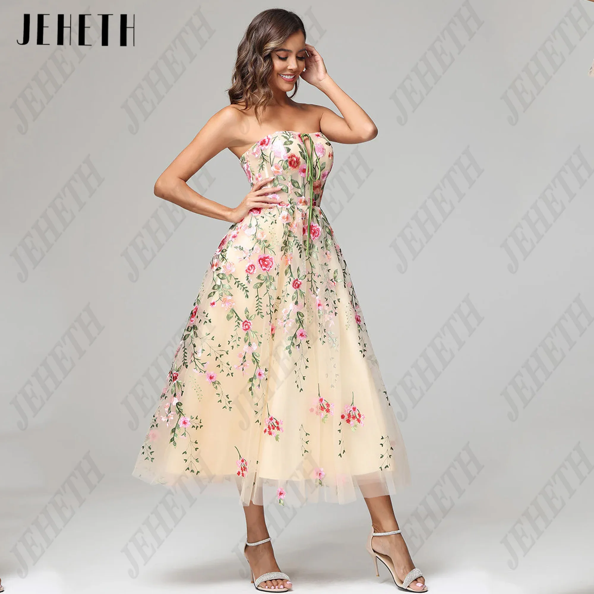 

JEHETH Embroidery Lace Prom Gowns Strapless Floral Print Sleeveless Party Dresses Ankle Length Formal Evening Dress Customized