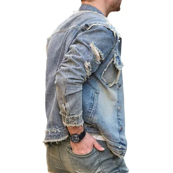Men's Distressed Retro Denim Jacket 5 Street Stylish Retro Style Holes Slim Street Denim Jacket Coat Good Quality Distressed Male Casual Denim Jacket 5