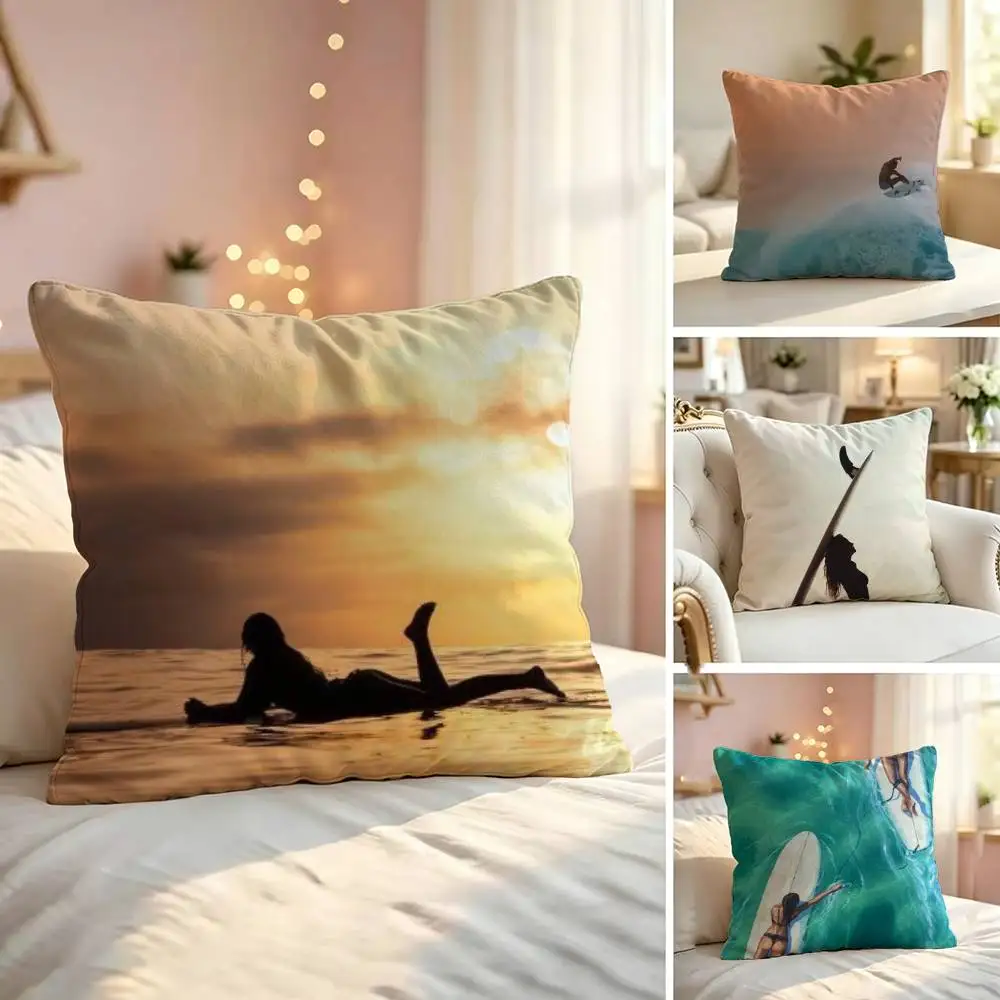 Surfboard Surfing Art Surf Girl Soft Pillow Shell For Sofa Living Space Bedroom Headboard Backrest Square Cushion Cozy
