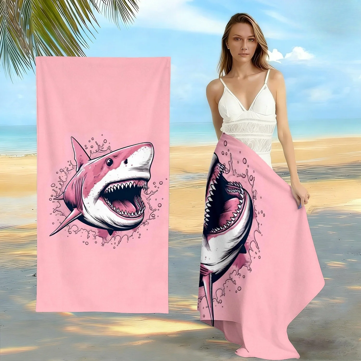 Pastel Pink Shark Towel, Striking Great White Shark on Pink Background Print Bath Towel, Eye-Catching Summer Essential 1pcs