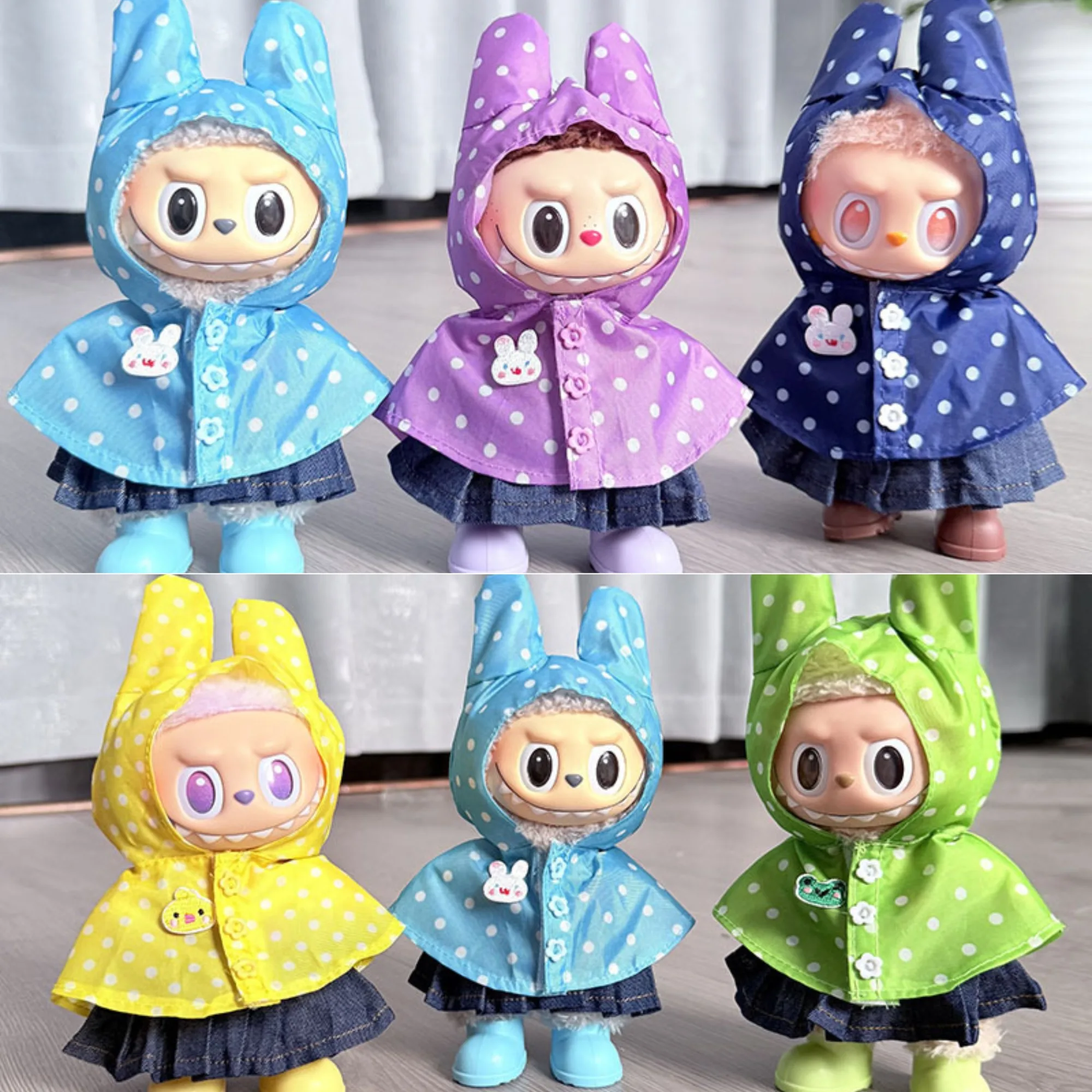 15/17 سنتيمتر LABUBU ملابس دمى ل 1st/2nd/3rd الجنرال الصيف الملونة البولكا نقطة الحلوى معطف واق من المطر الأحمر زر الدنيم تنورة أحذية المطر مجموعة