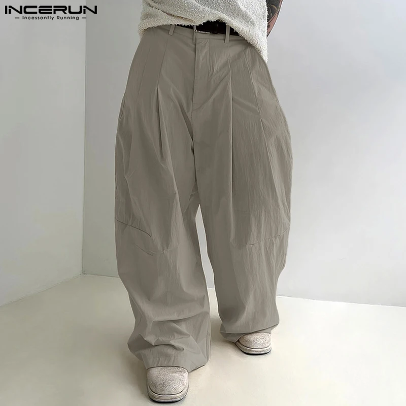 INCERUN Men Pants Button Joggers Solid Color Loose Casual Wide Leg Trousers Men Pleated Streetwear 2025 Male Long Pants S-5XL
