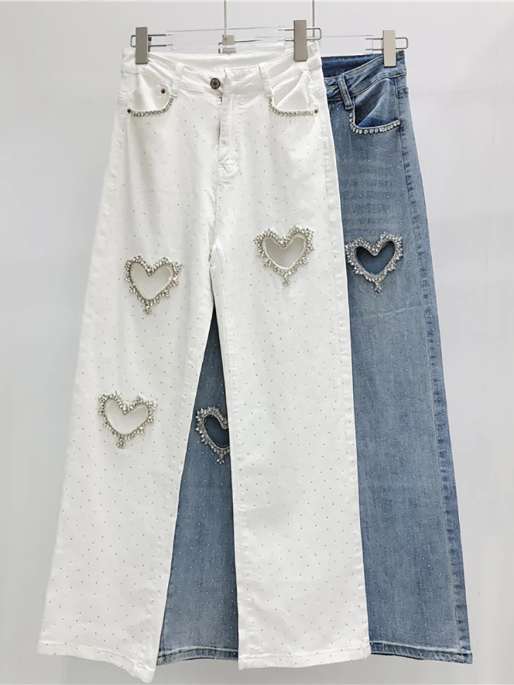 DEAT Women's Jeans High Waist Straight Heart Hollow Out Solid Color Full Diamonds Denim Pants 2025 Spring New Fashion 29L7772