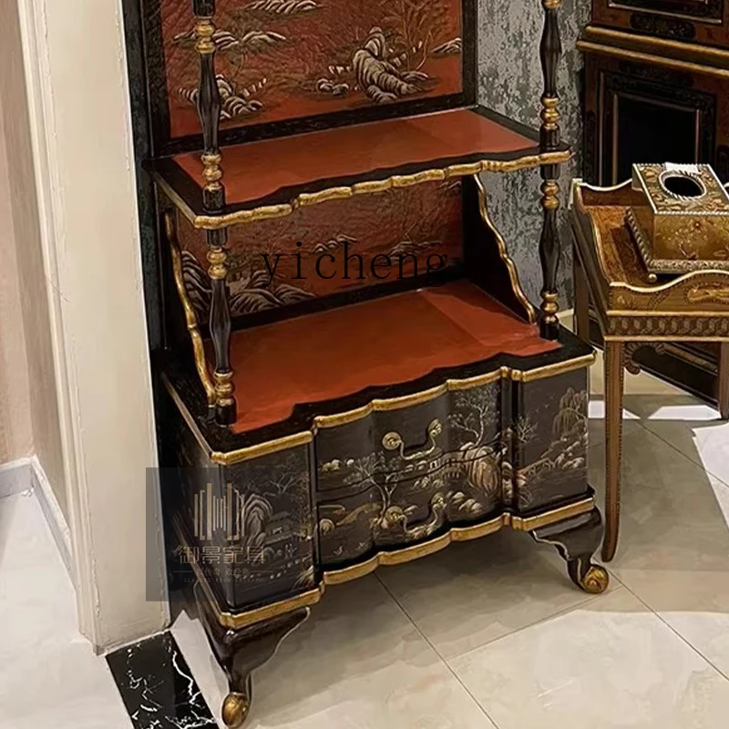 TQH European Style Art Hand-painted Layered Shelf French Gold Foil Decorative Shelf Villa Vintage Storage Display Shelf