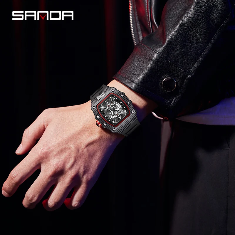 SANDA Watch for Men Luxury Tonneau Quartz Watch Man Sport Waterproof Red Clock Fashion Luminous Pointer Wristwatch Reloj hombre