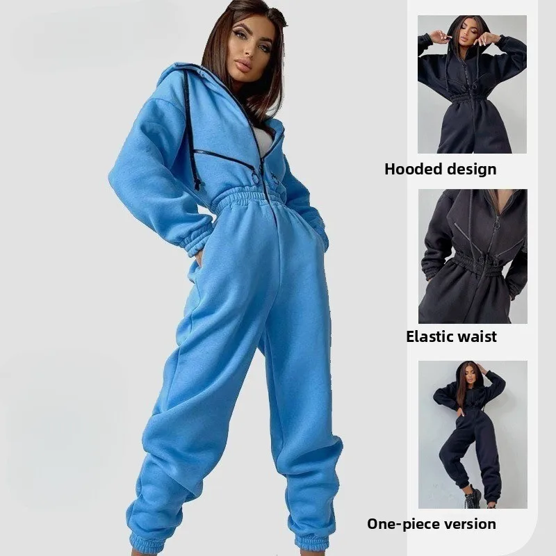 

1 шт. женский спортивный повседневный комбинезон с капюшоном цельный комбинезон спортивный костюм модный наряд на молнии с длинными рукавами