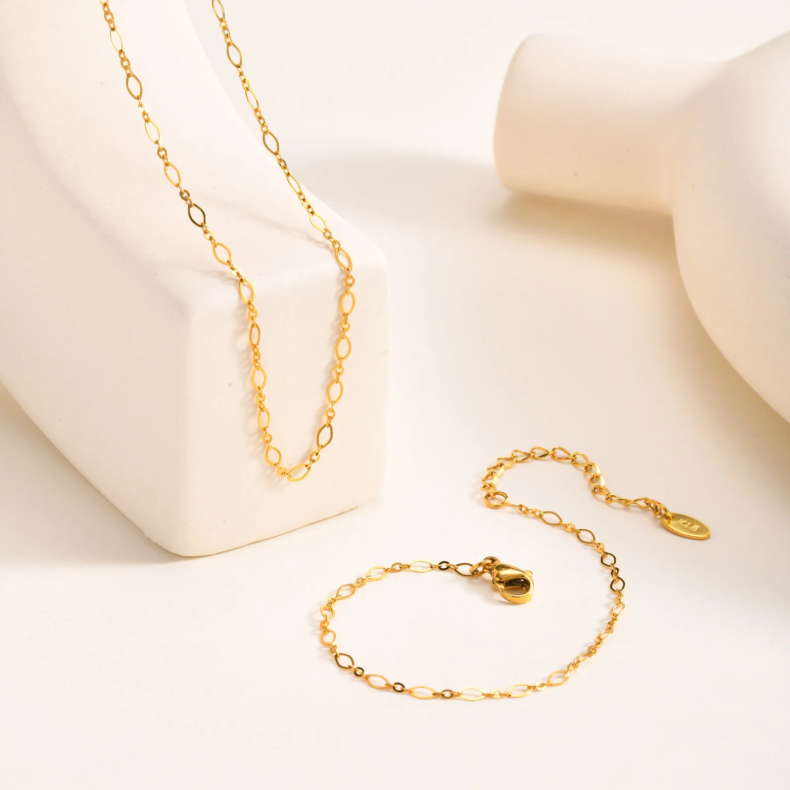 Stainless Steel Chain Bracelet Necklace Set Jewelry, 2.5mm Flat Oval Link Adjustable, Minimalist Stackable Gift