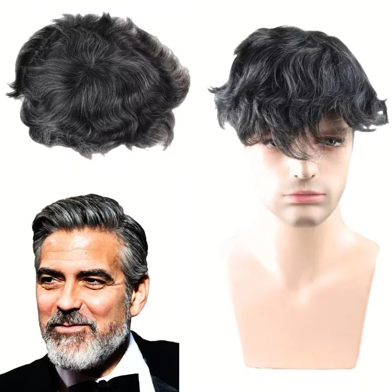 قاعدة شعر مستعار أحادية للرجال مع شعر PU 1B20 # لون 80% شعر بشري أسود مختلط مع نظام الشعر الاصطناعي 20٪ 8 × 10 #1