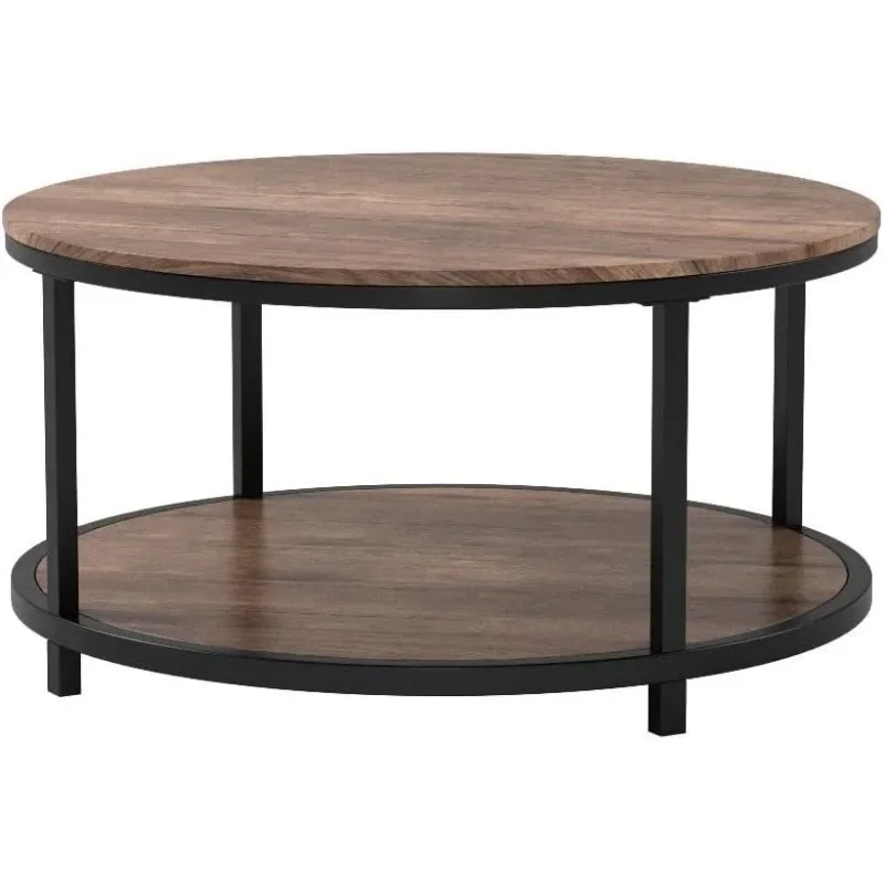 Mesa de café redonda NSdirect para sala de estar, mesa de madeira rústica com prateleira de armazenamento, design moderno, mesa de café de 2 camadas, 36"