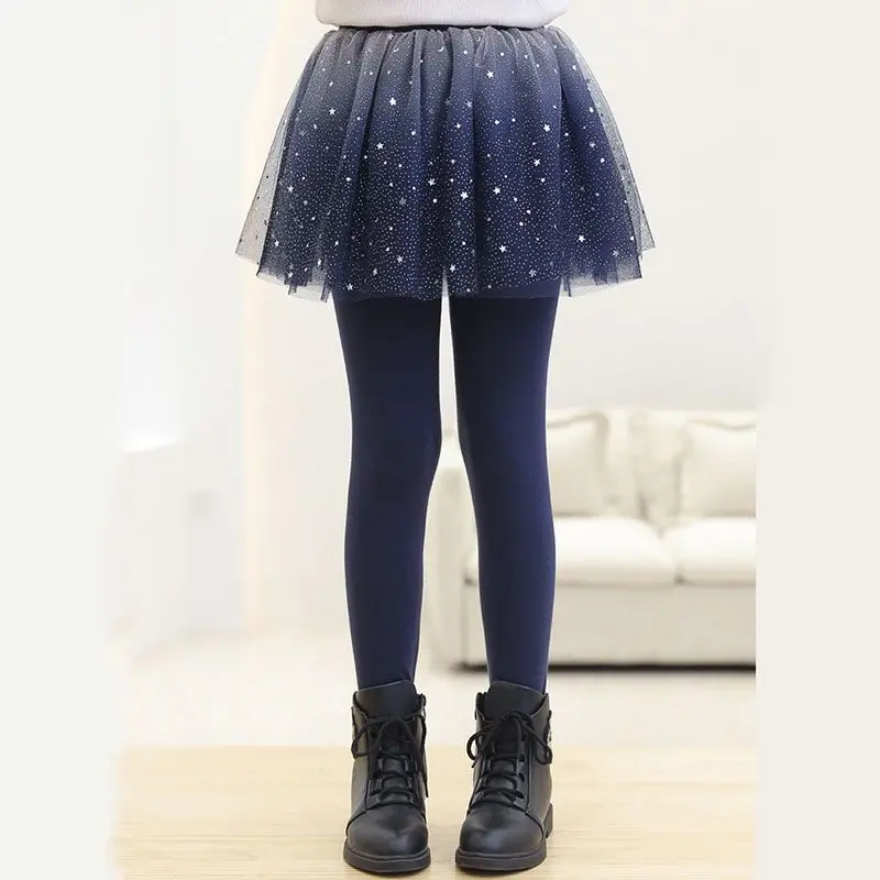 Kid Girls Lace Legging Pants 2024 New Children Autumn Skirt Pants Navy Sequin Legging Dance Clothing Tutu Skirt Pants